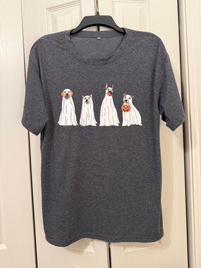 Womens Gray Halloween Ghost Dogs Graphic Tee